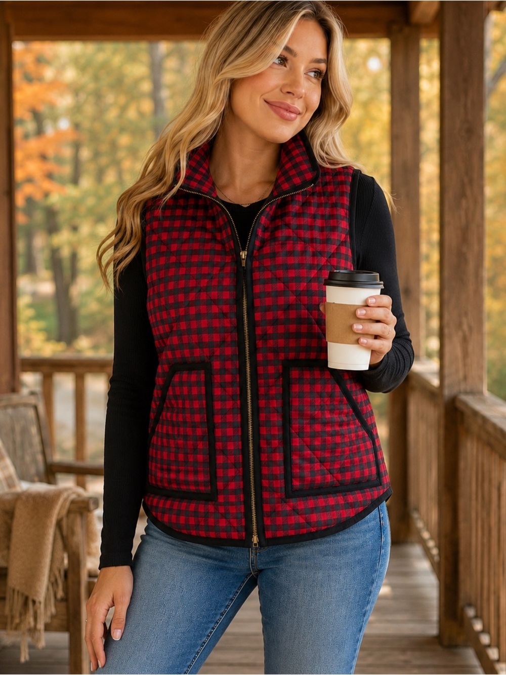 J.Crew Women’s Small Excursion Buffalo Plaid Quilted Down Puffer Vest Red Black